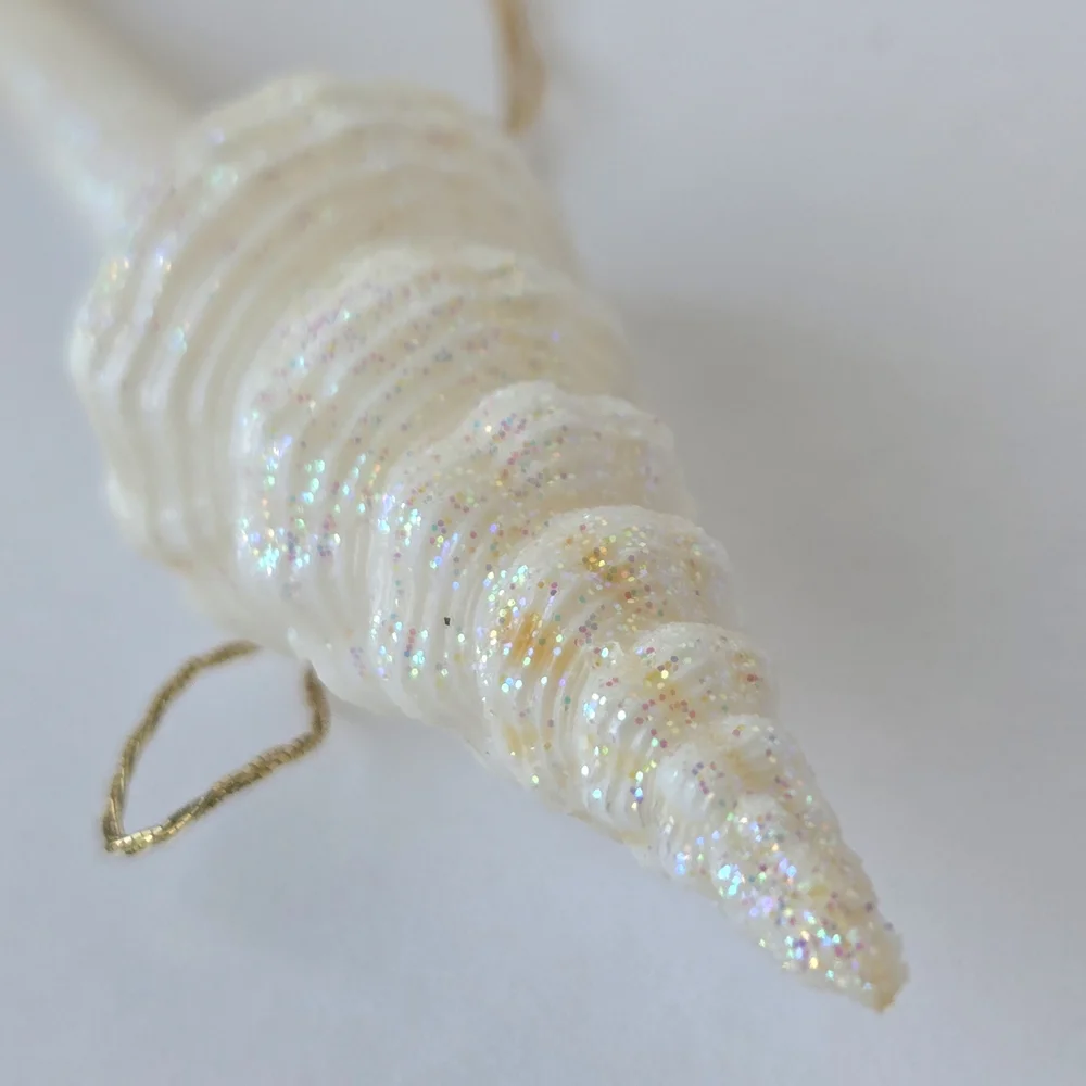VTG 90s Shimmering Spindle Seashell Ornament White Iridescent Glitter Coastal